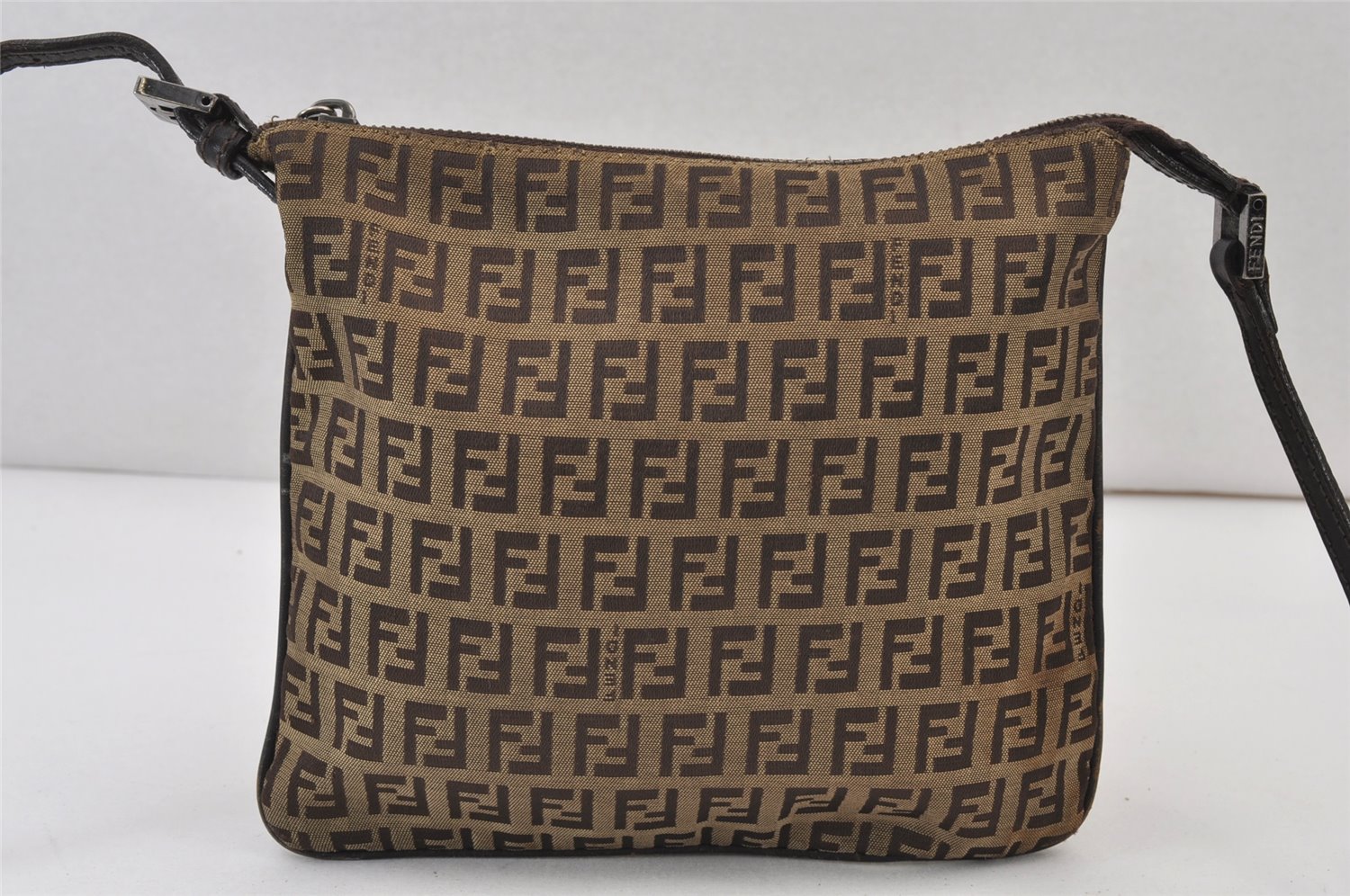 Authentic FENDI Zucchino Shoulder Cross Body Bag Canvas Leather Brown 0896K