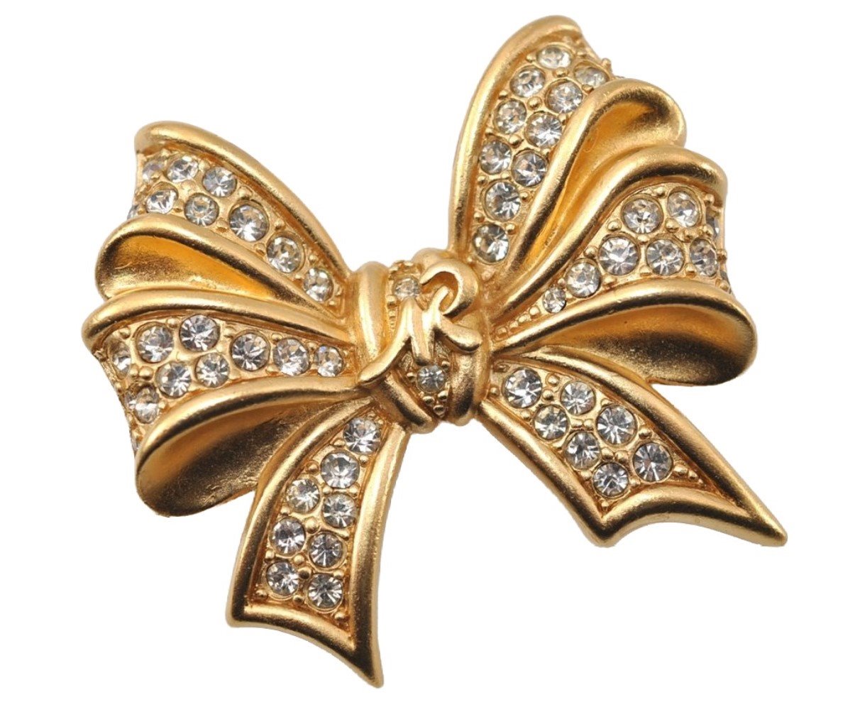 Authentic NINA RICCI Vintage Rhinestone Ribbon Brooch Accessory Gold 0899J