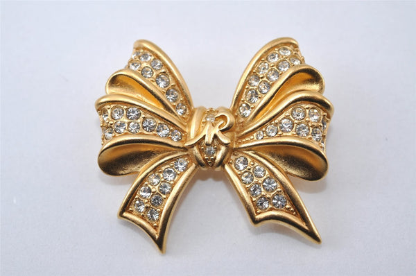 Authentic NINA RICCI Vintage Rhinestone Ribbon Brooch Accessory Gold 0899J