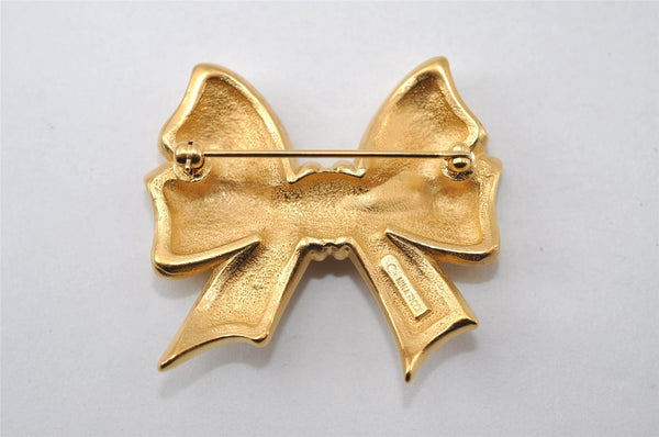 Authentic NINA RICCI Vintage Rhinestone Ribbon Brooch Accessory Gold 0899J