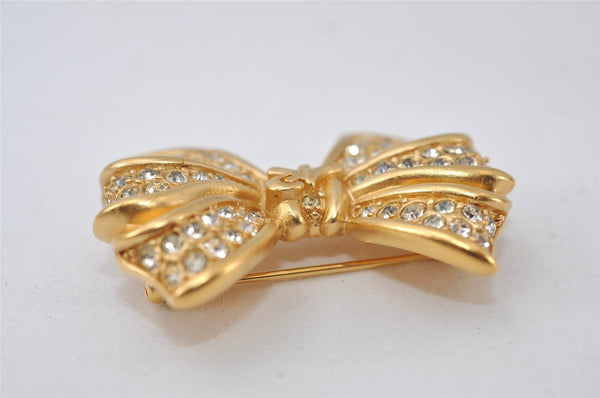 Authentic NINA RICCI Vintage Rhinestone Ribbon Brooch Accessory Gold 0899J