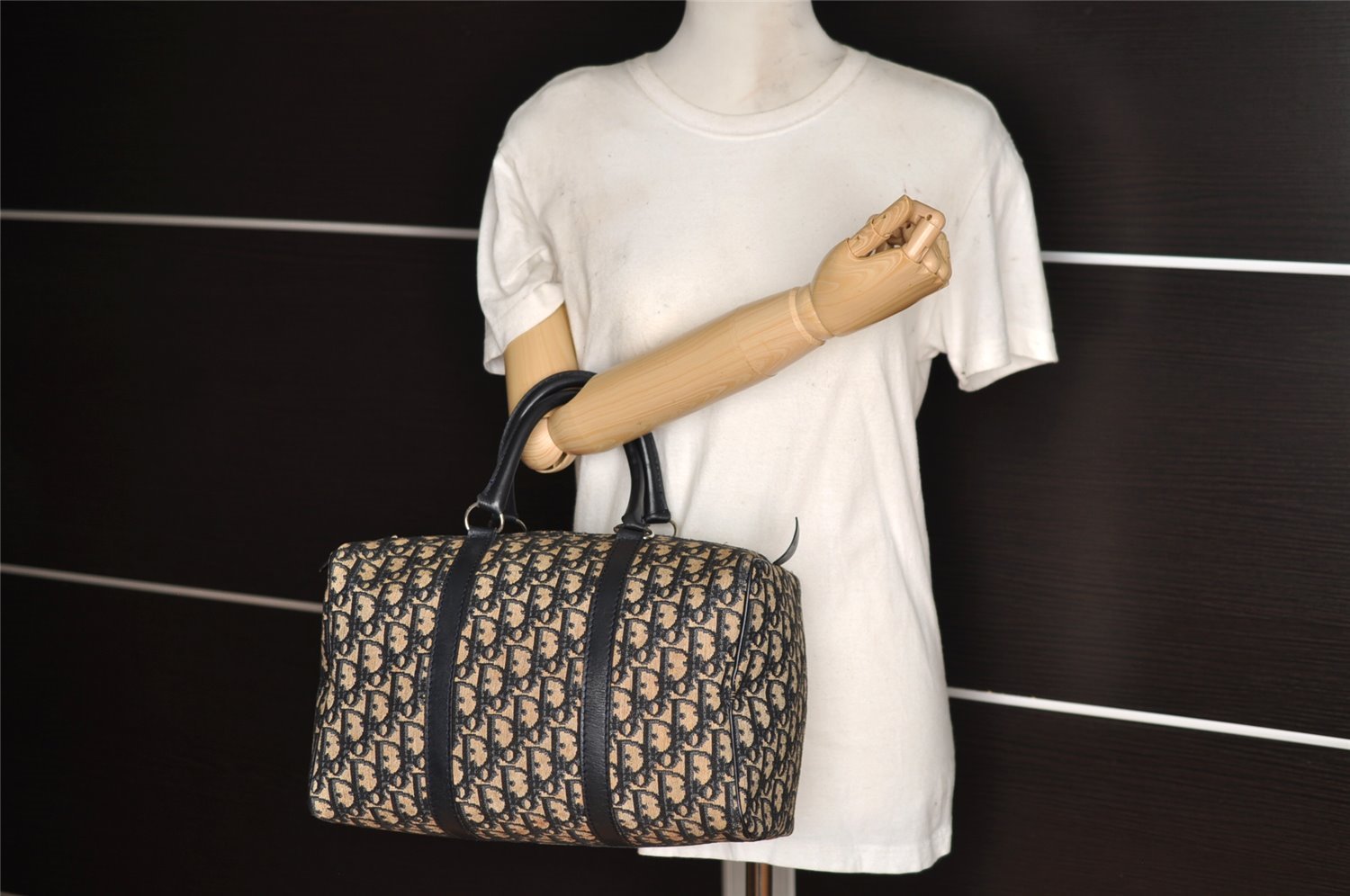 Authentic Christian Dior Trotter Hand Boston Bag Canvas Leather Blue 0900I