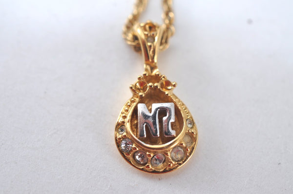 Authentic NINA RICCI Vintage Gold Tone Rhinestone Chain Pendant Necklace 0900J