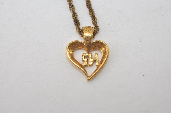 Authentic NINA RICCI Vintage Gold Tone Heart Motif Chain Pendant Necklace 0901J