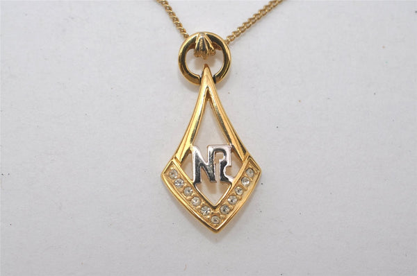 Authentic NINA RICCI Vintage Gold Tone Rhinestone Chain Pendant Necklace 0902J