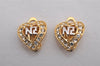 Authentic NINA RICCI Vintage Heart Motif Clip-on Rhinestone Earrings Gold 0904J