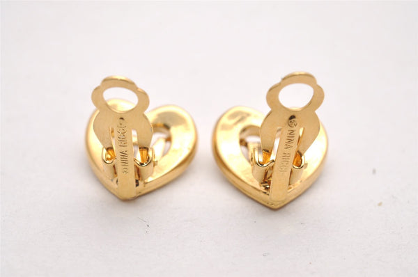 Authentic NINA RICCI Vintage Heart Motif Clip-on Rhinestone Earrings Gold 0904J