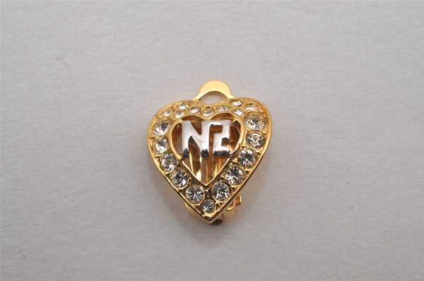 Authentic NINA RICCI Vintage Heart Motif Clip-on Rhinestone Earrings Gold 0904J