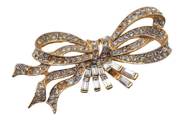 Authentic NINA RICCI Vintage Rhinestone Ribbon Brooch Accessory Gold 0905J