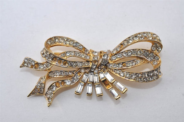 Authentic NINA RICCI Vintage Rhinestone Ribbon Brooch Accessory Gold 0905J