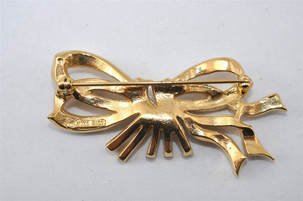 Authentic NINA RICCI Vintage Rhinestone Ribbon Brooch Accessory Gold 0905J