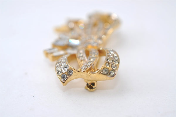 Authentic NINA RICCI Vintage Rhinestone Ribbon Brooch Accessory Gold 0905J