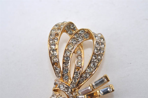 Authentic NINA RICCI Vintage Rhinestone Ribbon Brooch Accessory Gold 0905J