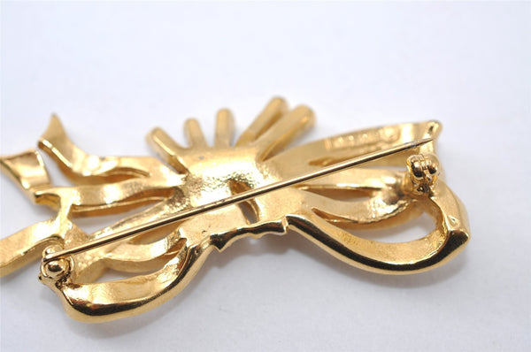 Authentic NINA RICCI Vintage Rhinestone Ribbon Brooch Accessory Gold 0905J