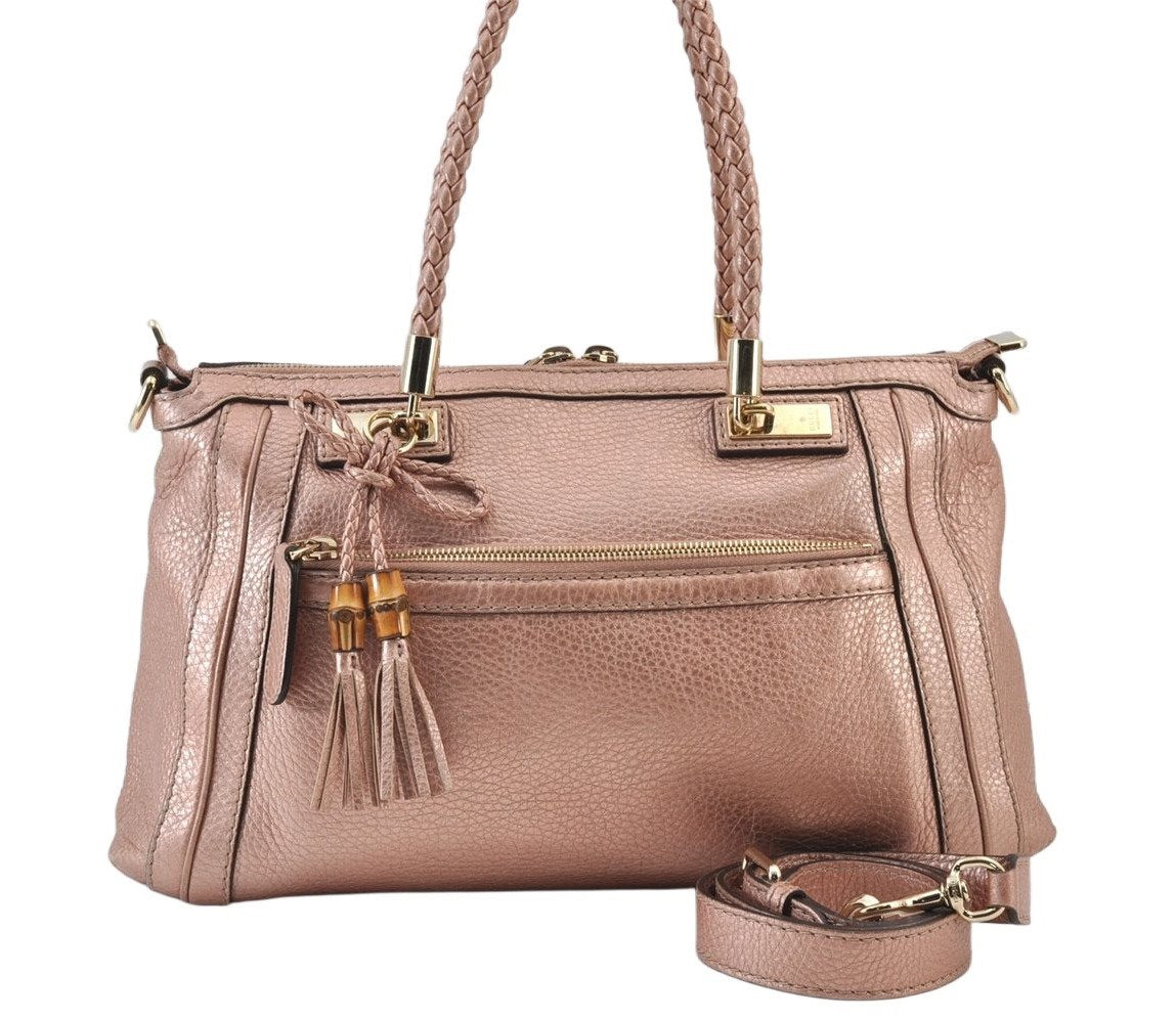 Authentic GUCCI Bamboo Bella Tassel 2Way Hand Bag Leather 282300 Pink 0905K
