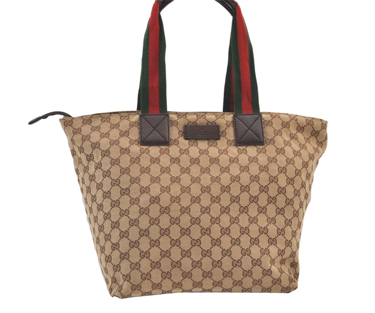 Authentic GUCCI Web Sherry Line Tote Bag GG Canvas Leather 131231 Brown 0907K