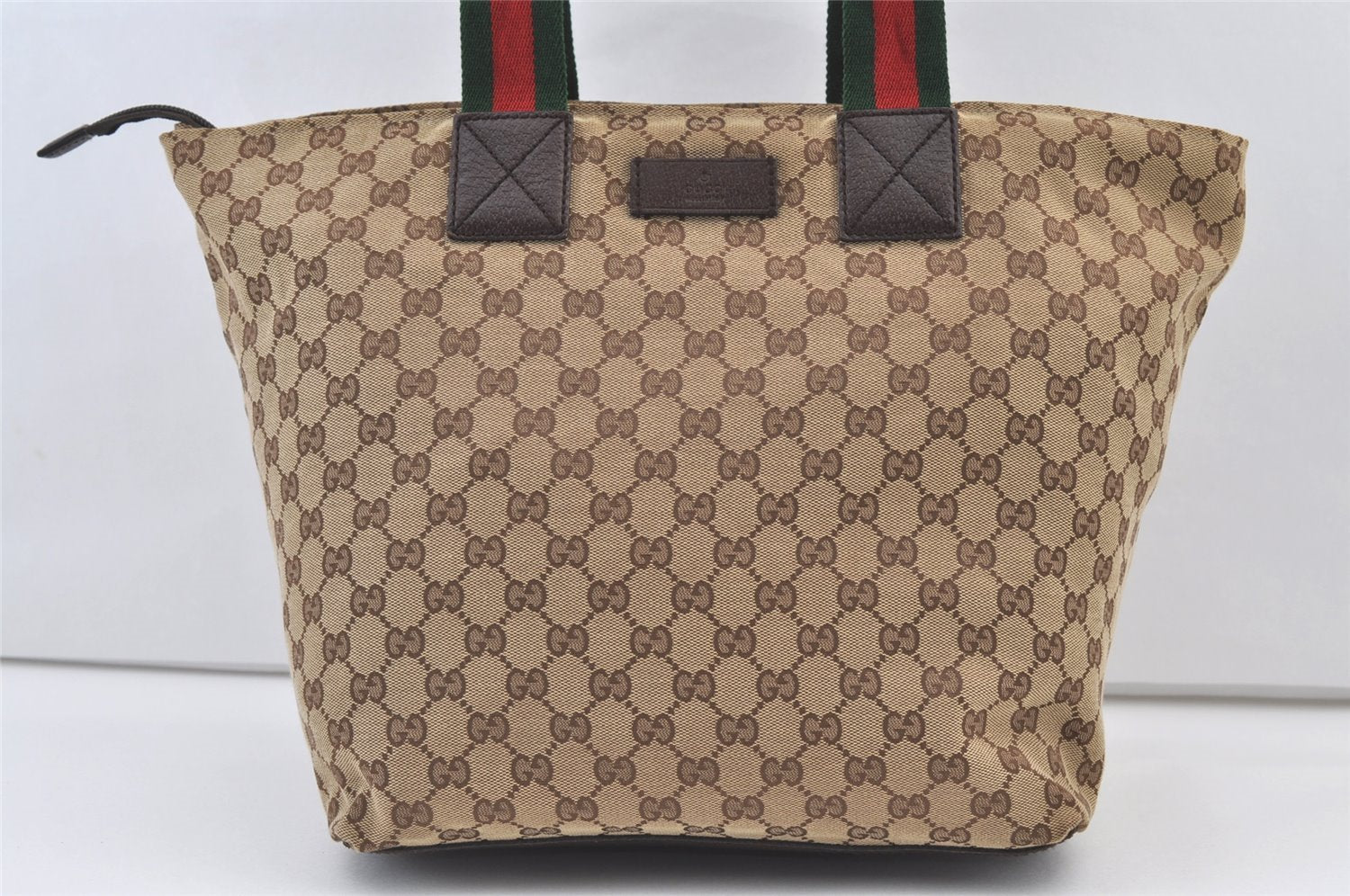 Authentic GUCCI Web Sherry Line Tote Bag GG Canvas Leather 131231 Brown 0907K