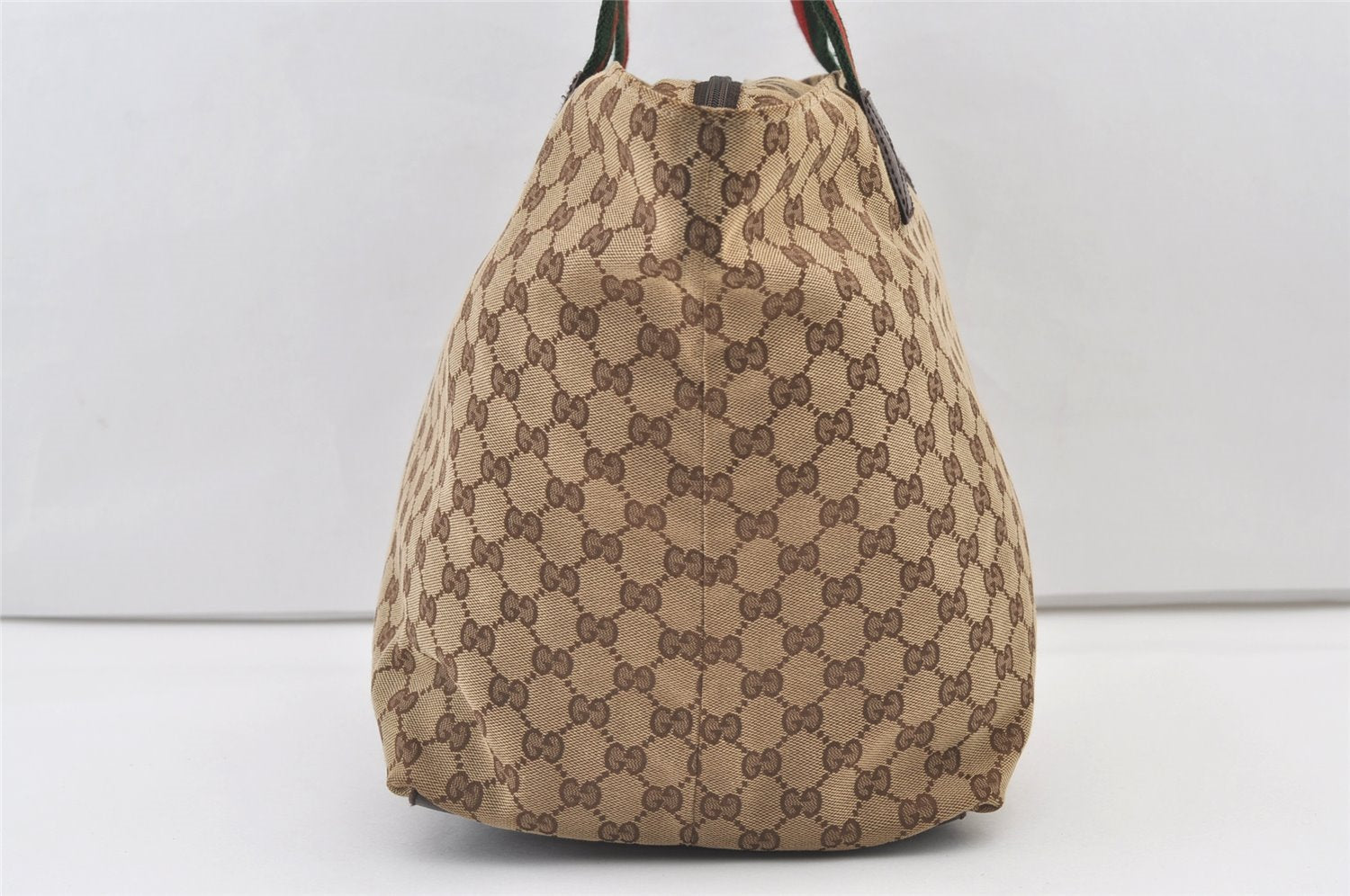 Authentic GUCCI Web Sherry Line Tote Bag GG Canvas Leather 131231 Brown 0907K