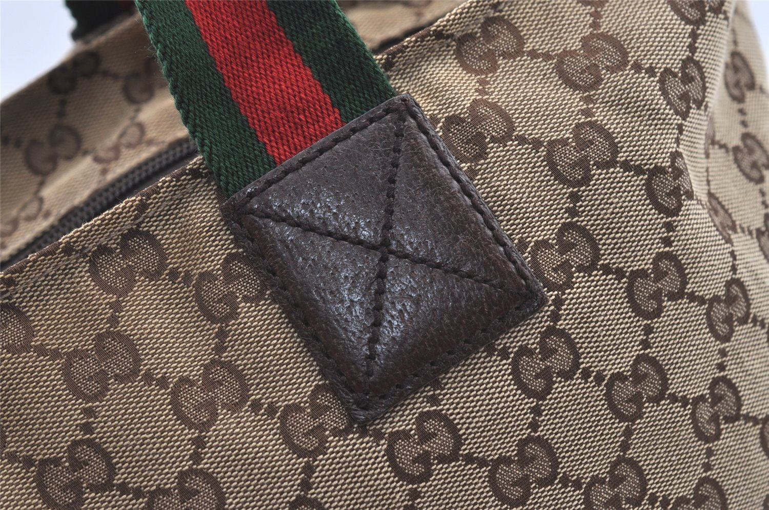 Authentic GUCCI Web Sherry Line Tote Bag GG Canvas Leather 131231 Brown 0907K