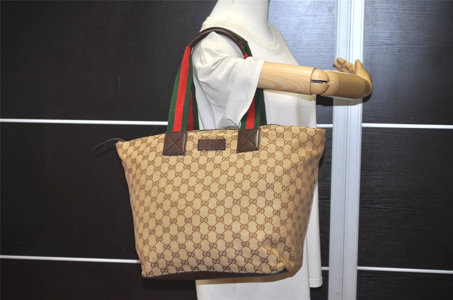 Authentic GUCCI Web Sherry Line Tote Bag GG Canvas Leather 131231 Brown 0907K