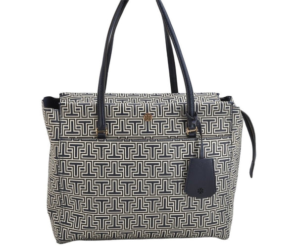 Authentic TORY BURCH Geo-T Pattern Shoulder Tote Bag PVC Leather Navy 0908K