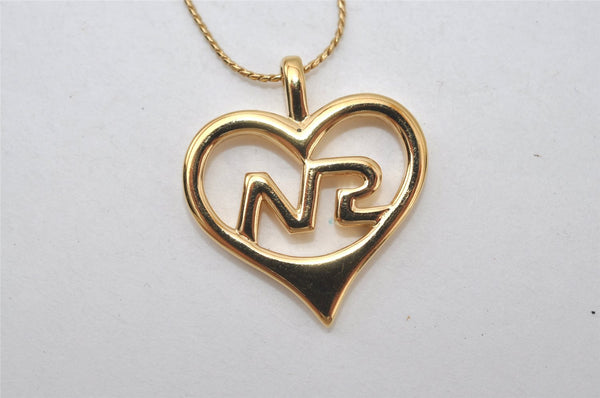 Authentic NINA RICCI Vintage Gold Tone Heart Motif Chain Pendant Necklace 0912J