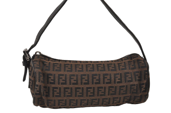 Authentic FENDI Vintage Zucchino Hand Bag Pouch Purse Canvas Leather Brown 0912K