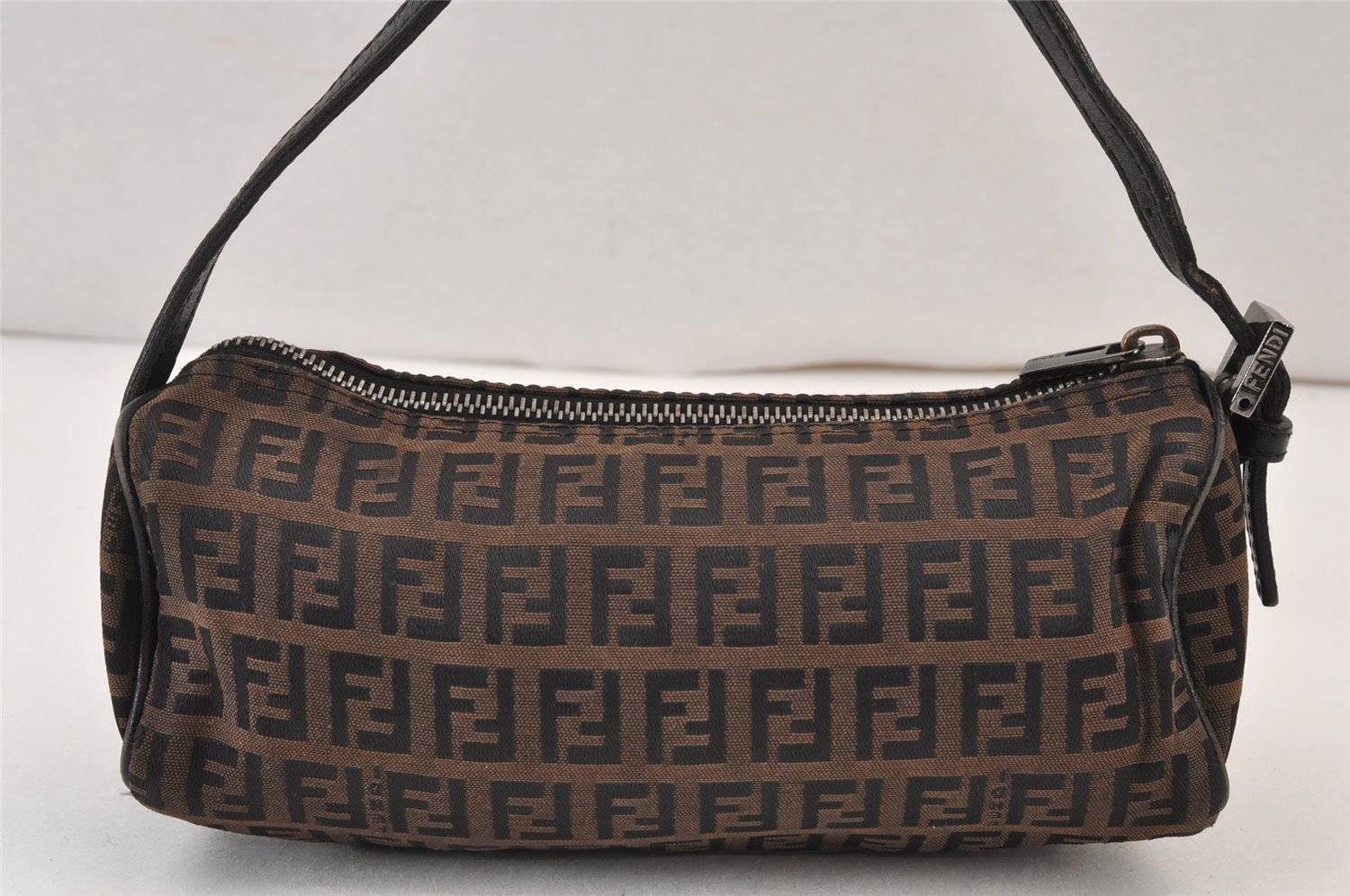 Authentic FENDI Vintage Zucchino Hand Bag Pouch Purse Canvas Leather Brown 0912K