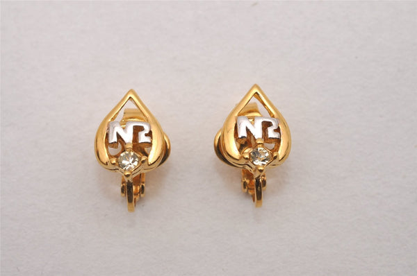 Authentic NINA RICCI Vintage Clip-on Rhinestone Earrings Accessory Gold 0913J