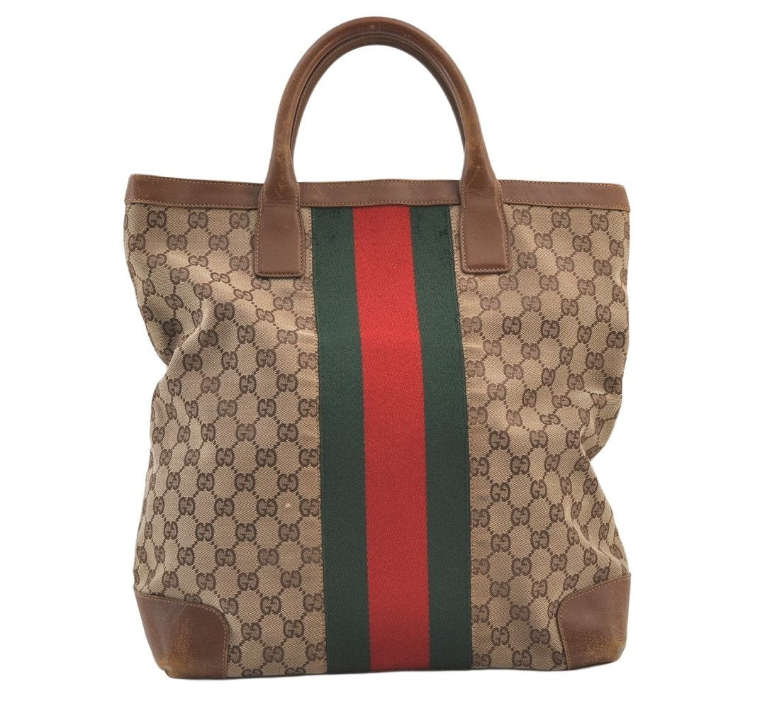 Authentic GUCCI Web Sherry Line Hand Tote Bag GG Canvas Leather Brown 0913K