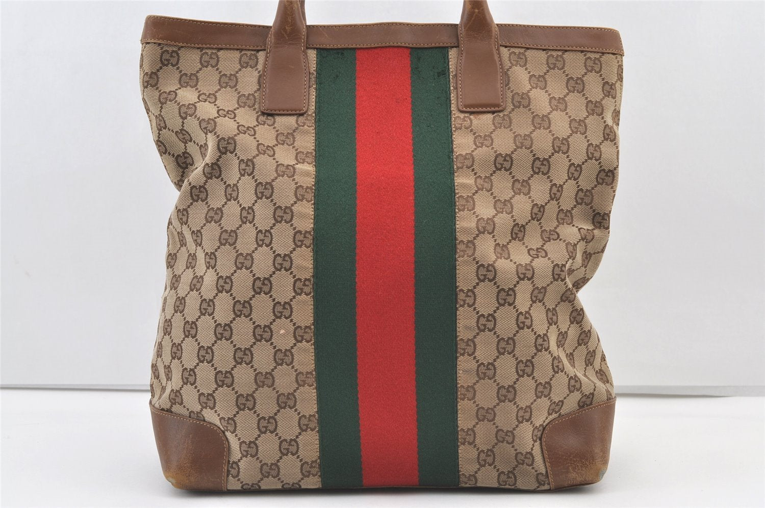 Authentic GUCCI Web Sherry Line Hand Tote Bag GG Canvas Leather Brown 0913K