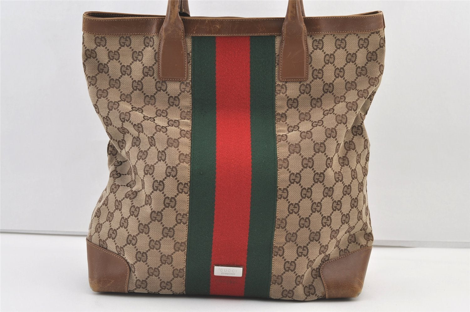 Authentic GUCCI Web Sherry Line Hand Tote Bag GG Canvas Leather Brown 0913K