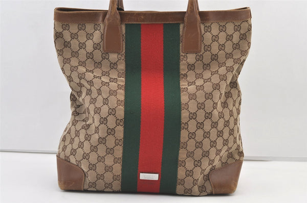 Authentic GUCCI Web Sherry Line Hand Tote Bag GG Canvas Leather Brown 0913K