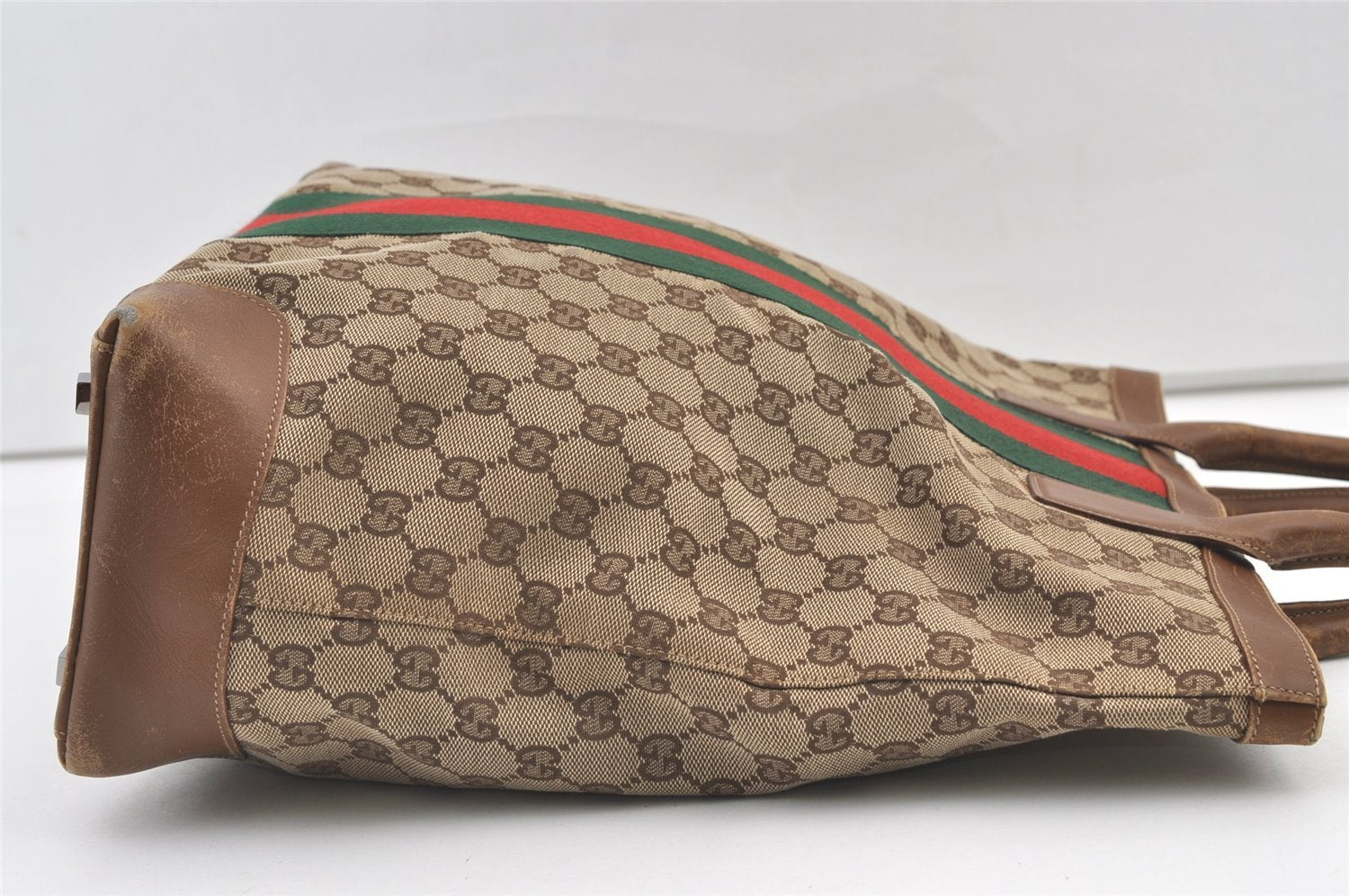 Authentic GUCCI Web Sherry Line Hand Tote Bag GG Canvas Leather Brown 0913K