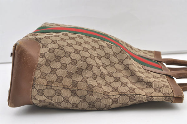 Authentic GUCCI Web Sherry Line Hand Tote Bag GG Canvas Leather Brown 0913K