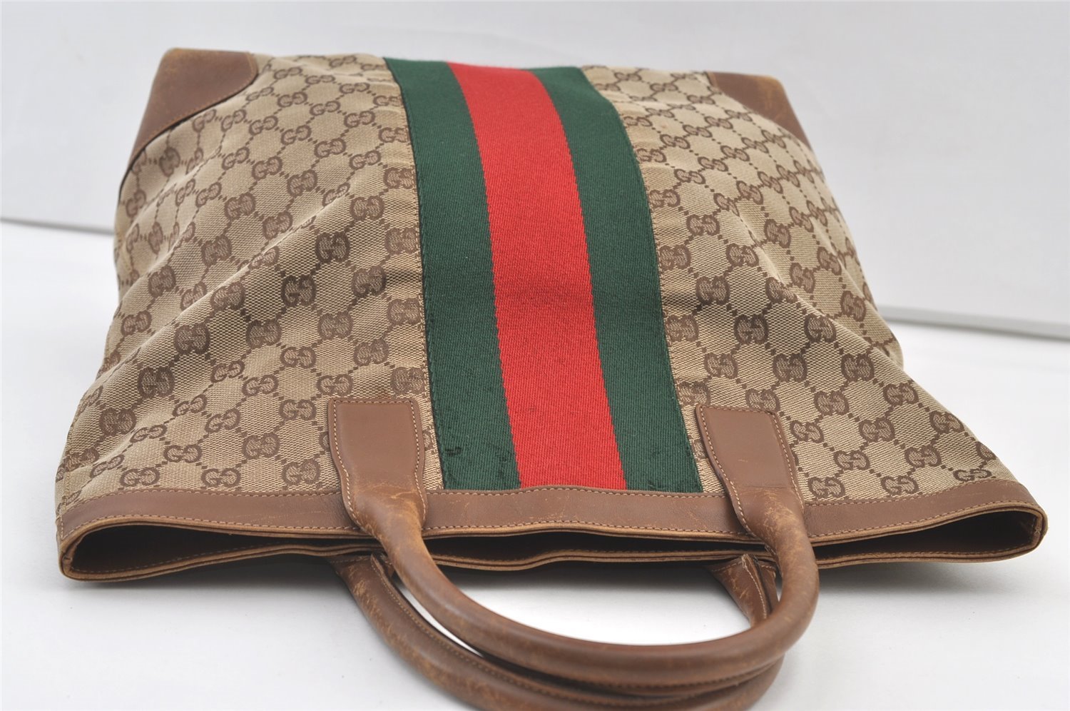 Authentic GUCCI Web Sherry Line Hand Tote Bag GG Canvas Leather Brown 0913K