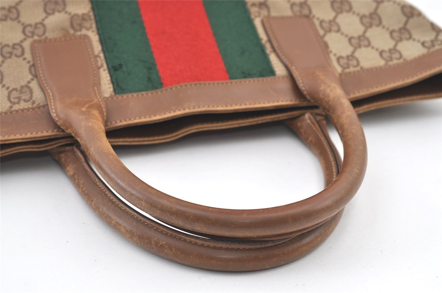 Authentic GUCCI Web Sherry Line Hand Tote Bag GG Canvas Leather Brown 0913K