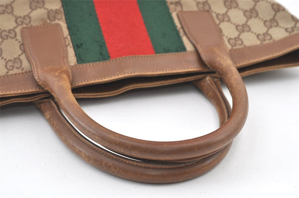 Authentic GUCCI Web Sherry Line Hand Tote Bag GG Canvas Leather Brown 0913K