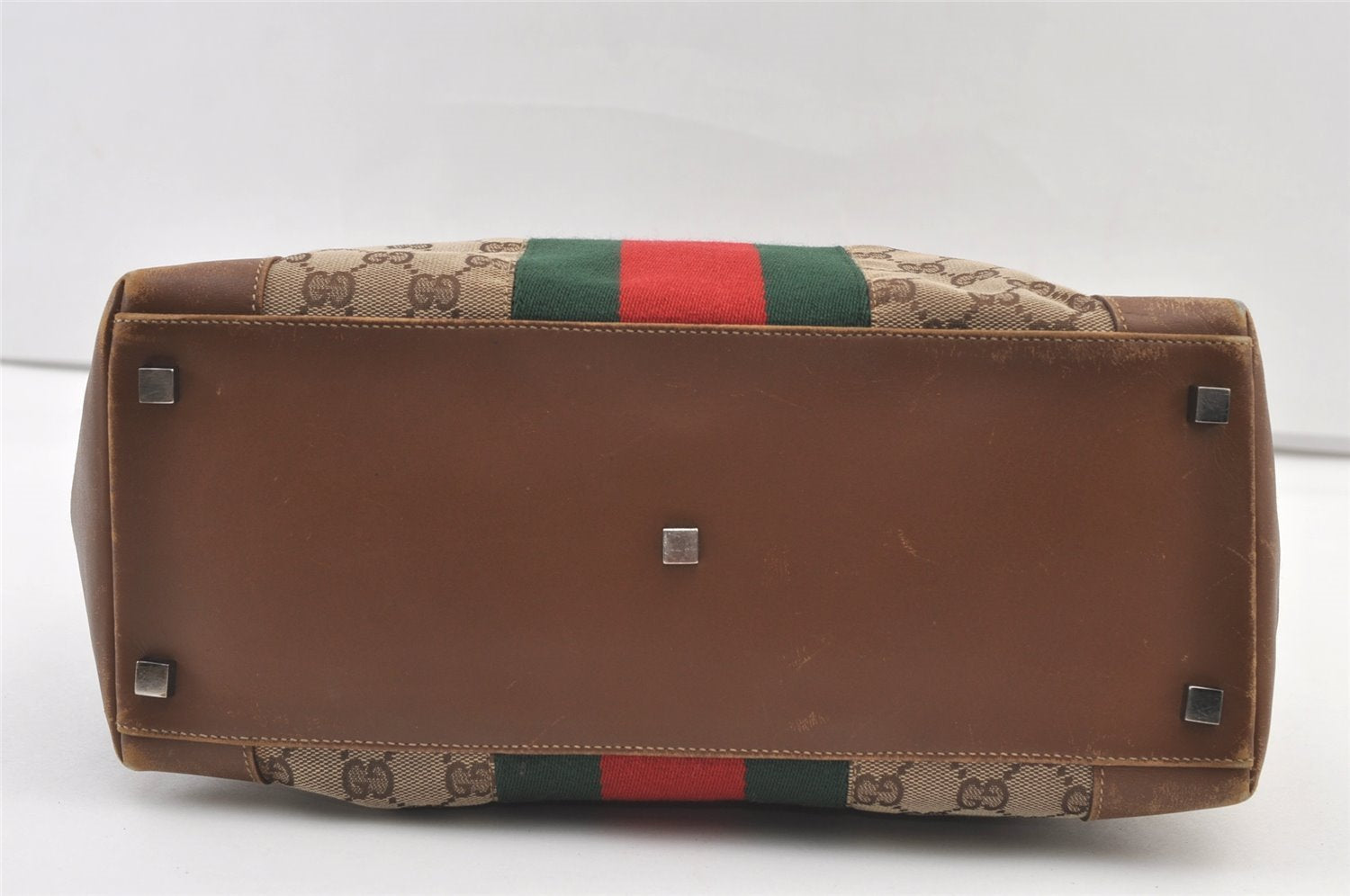 Authentic GUCCI Web Sherry Line Hand Tote Bag GG Canvas Leather Brown 0913K