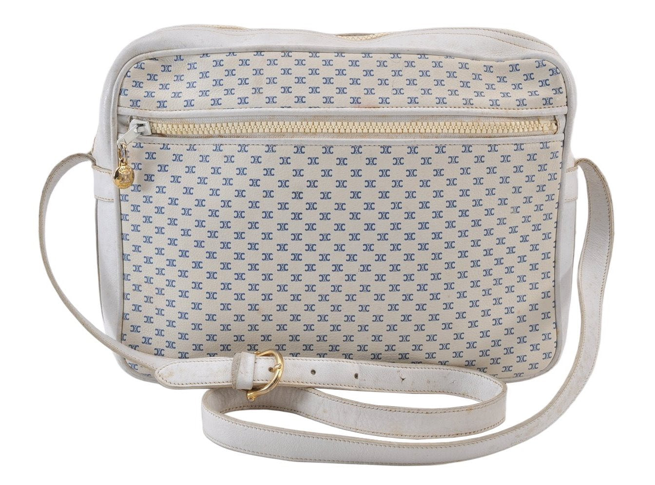 Authentic CELINE Macadam Blason Shoulder Cross Body Bag Leather White 0914K