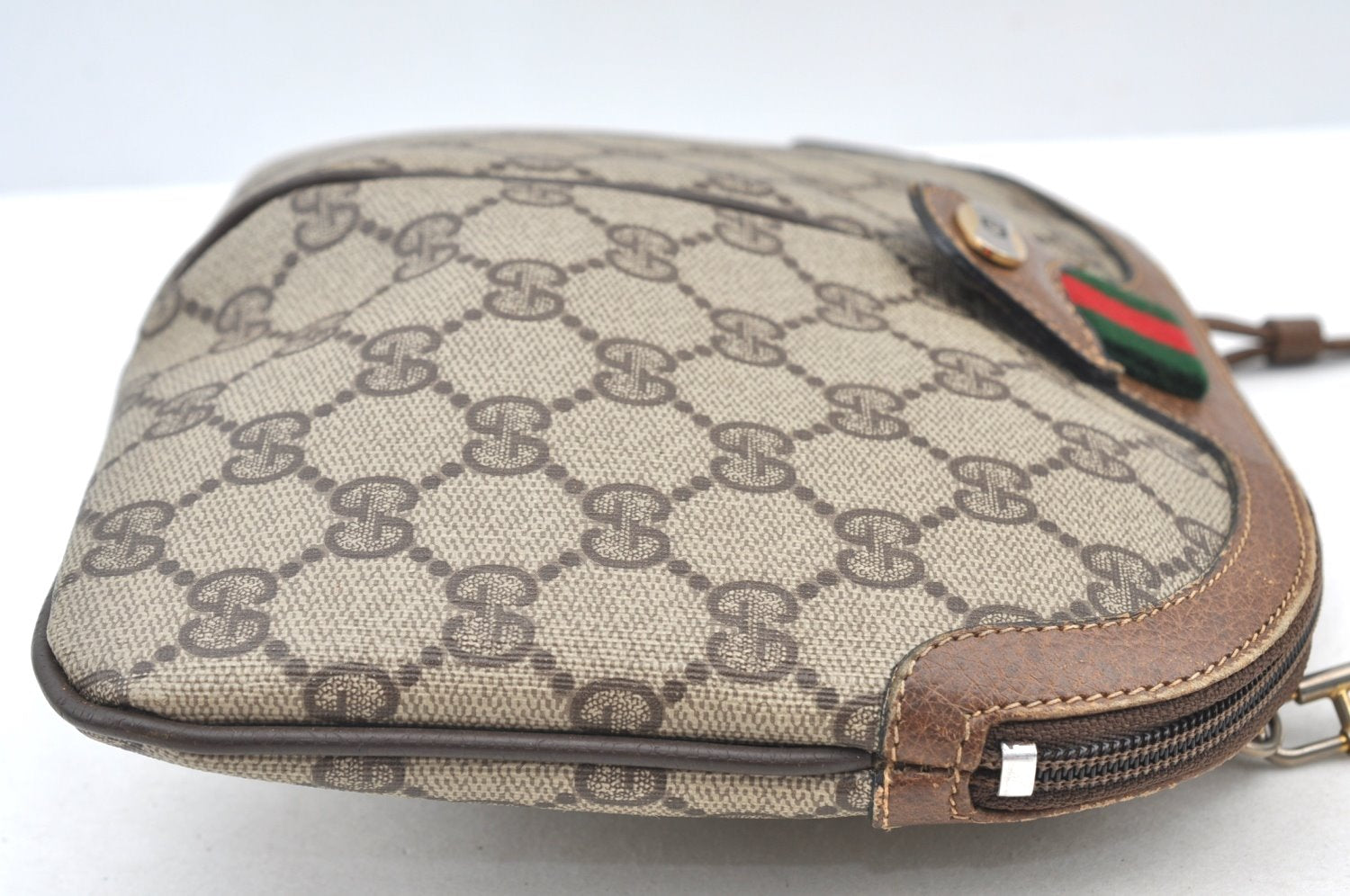 Authentic GUCCI Web Sherry Line Shoulder Cross Bag GG PVC Leather Brown 0916I