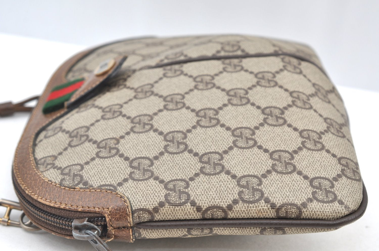 Authentic GUCCI Web Sherry Line Shoulder Cross Bag GG PVC Leather Brown 0916I