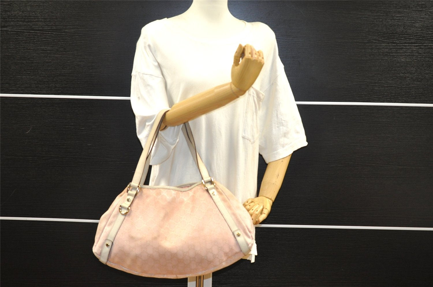 Authentic GUCCI Abbey Shoulder Tote Bag GG Canvas Leather 130736 Pink 0918I