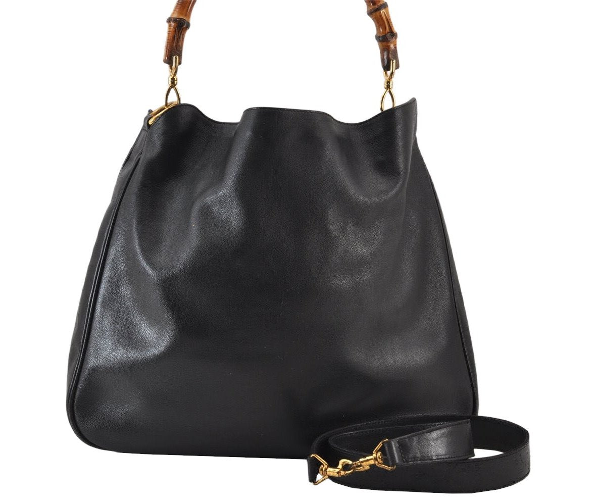 Authentic GUCCI Vintage Bamboo 2Way Shoulder Hand Bag Leather Black Junk 0922K