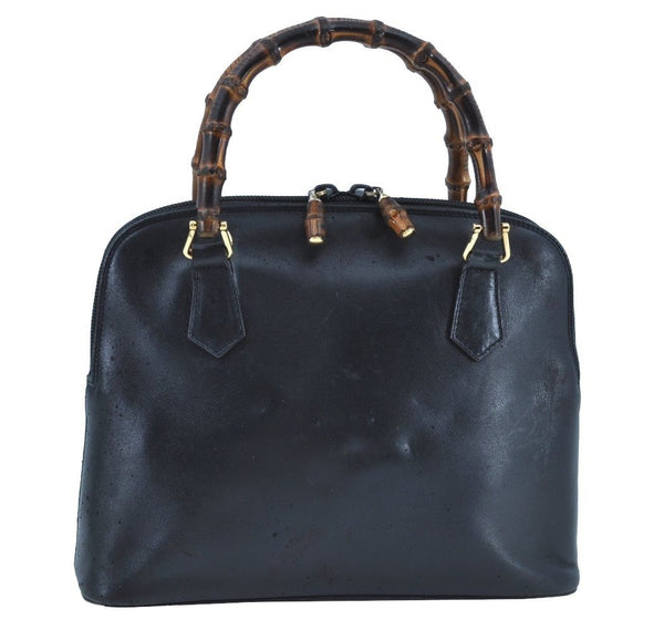 Authentic GUCCI Bamboo 2way Hand Shoulder Bag Leather Navy Blue Junk 0929I