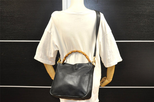 Authentic GUCCI Bamboo 2way Hand Shoulder Bag Purse Leather Black Junk 0930I