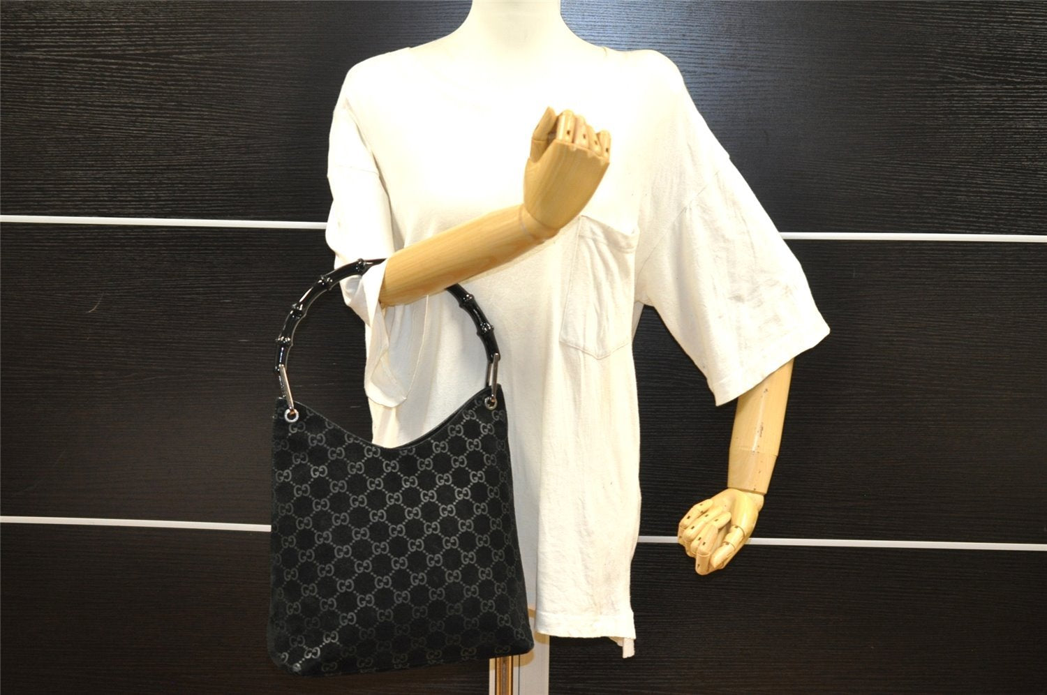Authentic GUCCI Bamboo Shoulder Hand Bag Purse GG Suede 0013007 Black 0933I