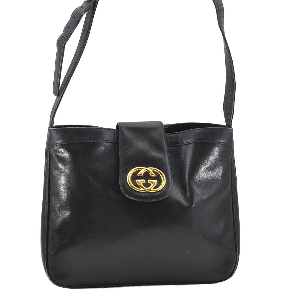 Authentic GUCCI Vintage Shoulder Bag Purse Leather Navy 0939J