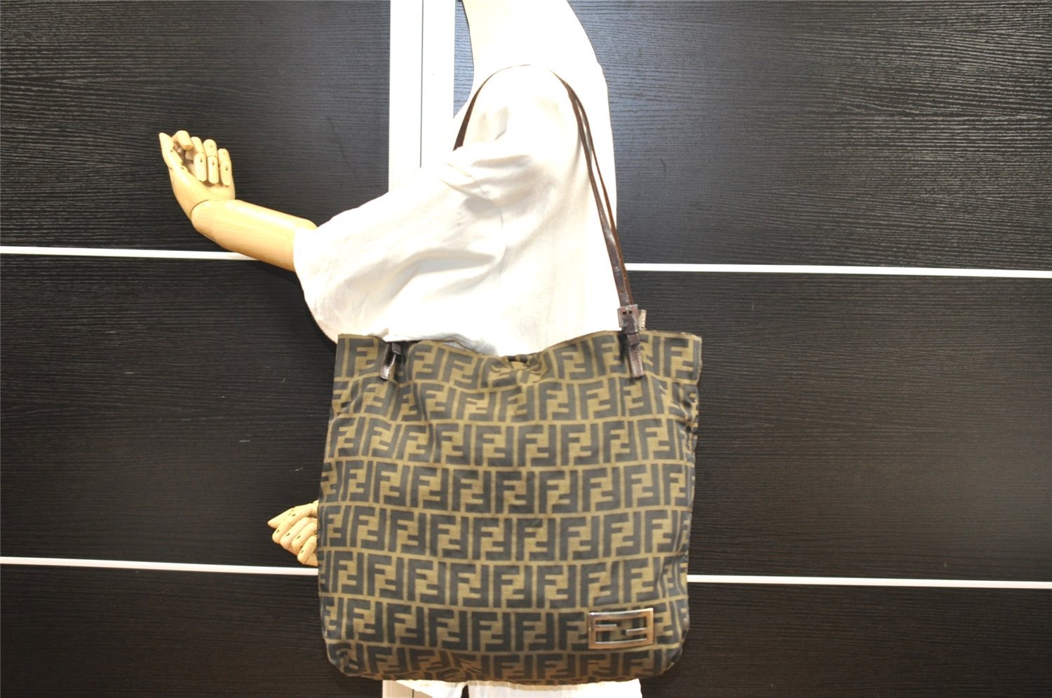 Authentic Vintage FENDI Zucca Shoulder Tote Bag Nylon Leather Brown 0941I