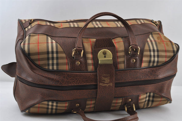 Authentic Burberrys Nova Check Canvas Leather Travel Boston Bag Beige 0941J